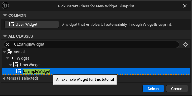 Filter the class list for our ExampleWidget, and select it from the list