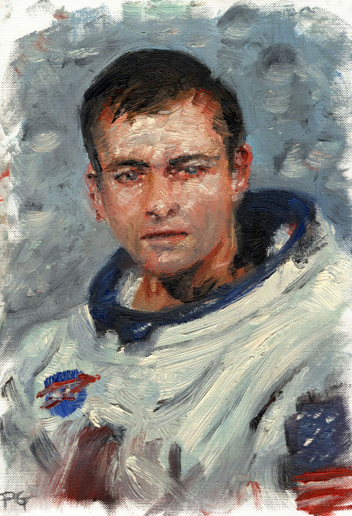 A portrait of a NASA astronaut, painted in oils