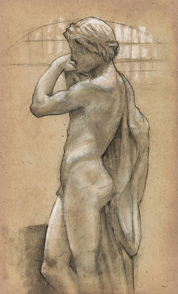 Drawing of the statue of Narcissus by Paul Dubois in the Musée D'Orsay